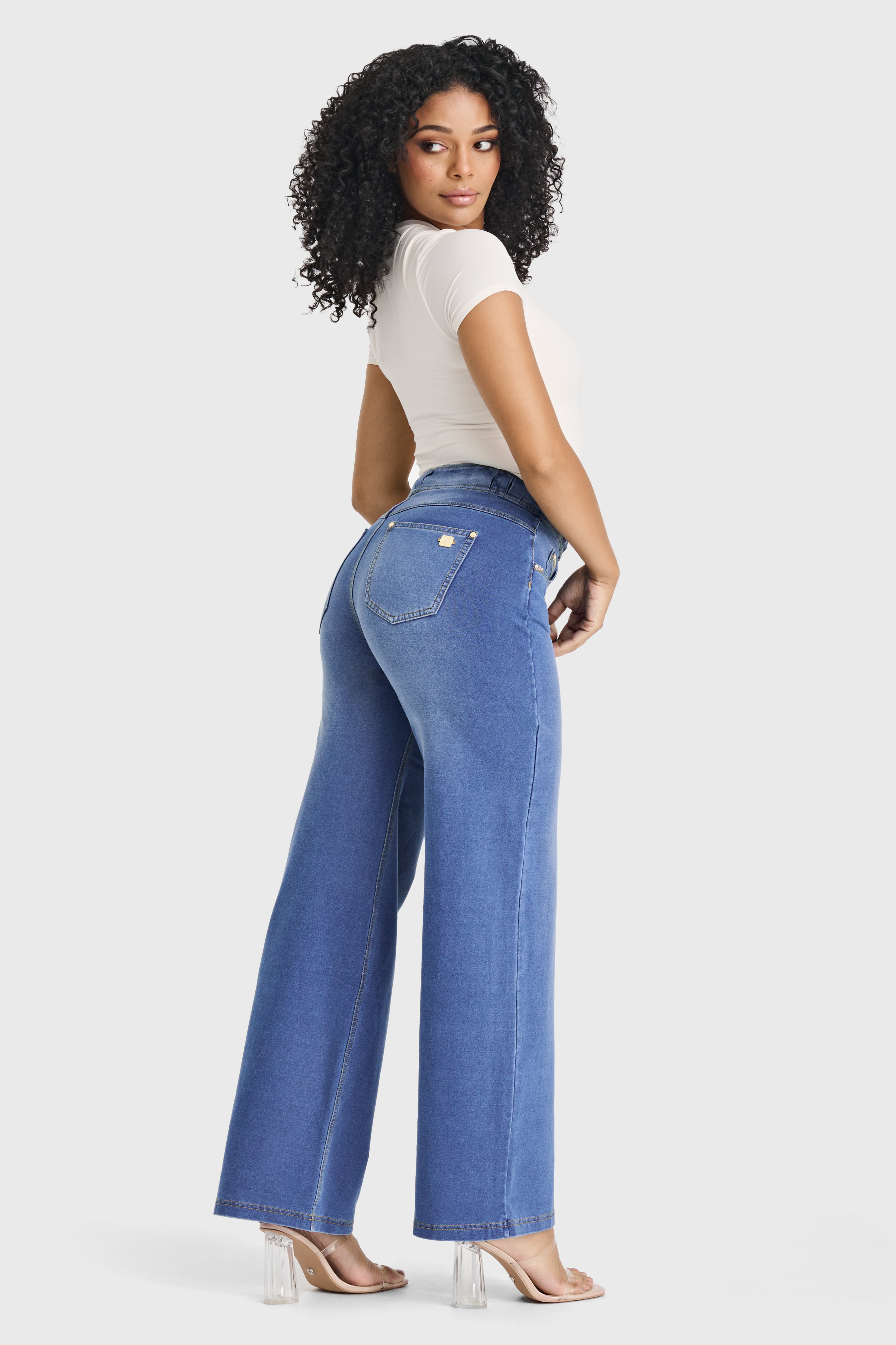 N.O.W® Denim Limited Edition - High Waisted - Wide Leg - Light Blue + Yellow Stitching 1