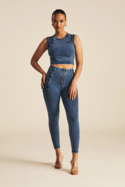 WRUP Denim Criss Cross Detail - High Waisted - 7/8 Length - Indigo Denim + Blue Stitching