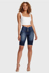 WR.UP® Denim - High Waisted - 3 Button Biker Shorts - Dark Blue + Yellow Stitching 5