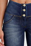 WR.UP® Denim - High Waisted - 3 Button Biker Shorts - Dark Blue + Yellow Stitching 7