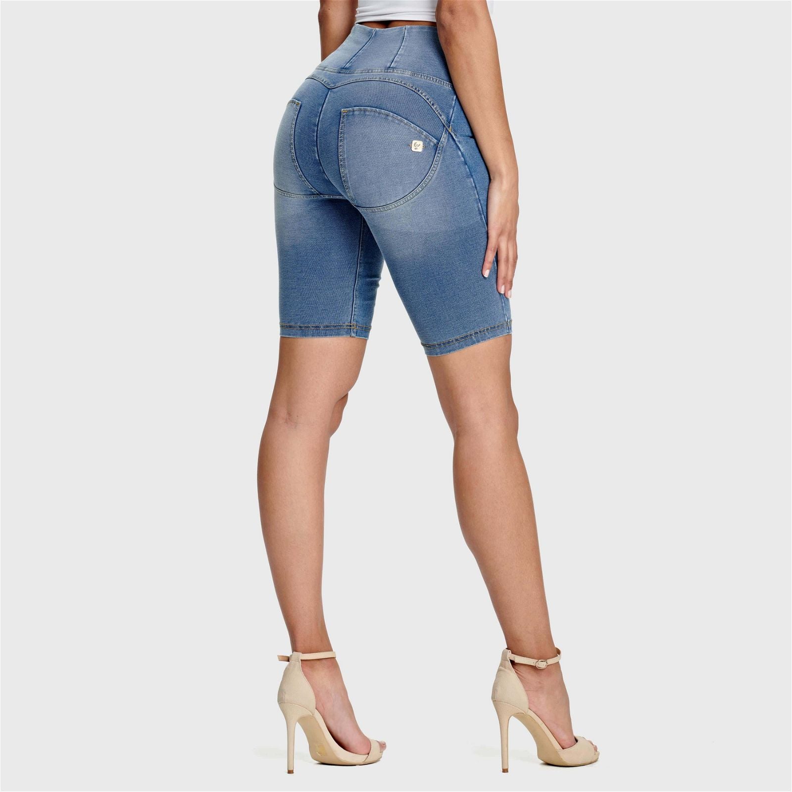 WR.UP® Denim - High Waisted - Biker Shorts - Light Blue + Yellow Stitching 2