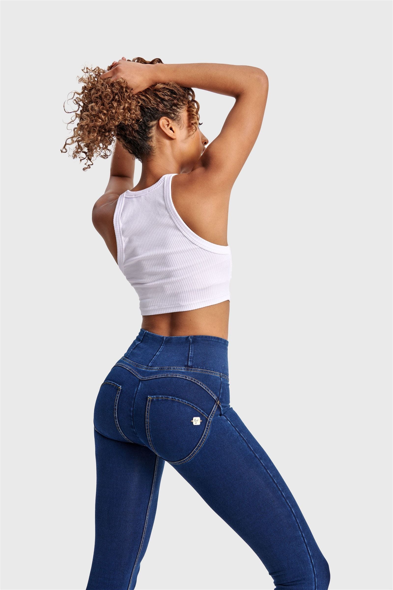 WR.UP® Denim - High Waisted - Full Length - Dark Blue + Yellow Stitching 2