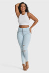 WR.UP® SNUG Distressed Jeans - High Waisted - Full Length - Baby Blue + Yellow Stitching 4