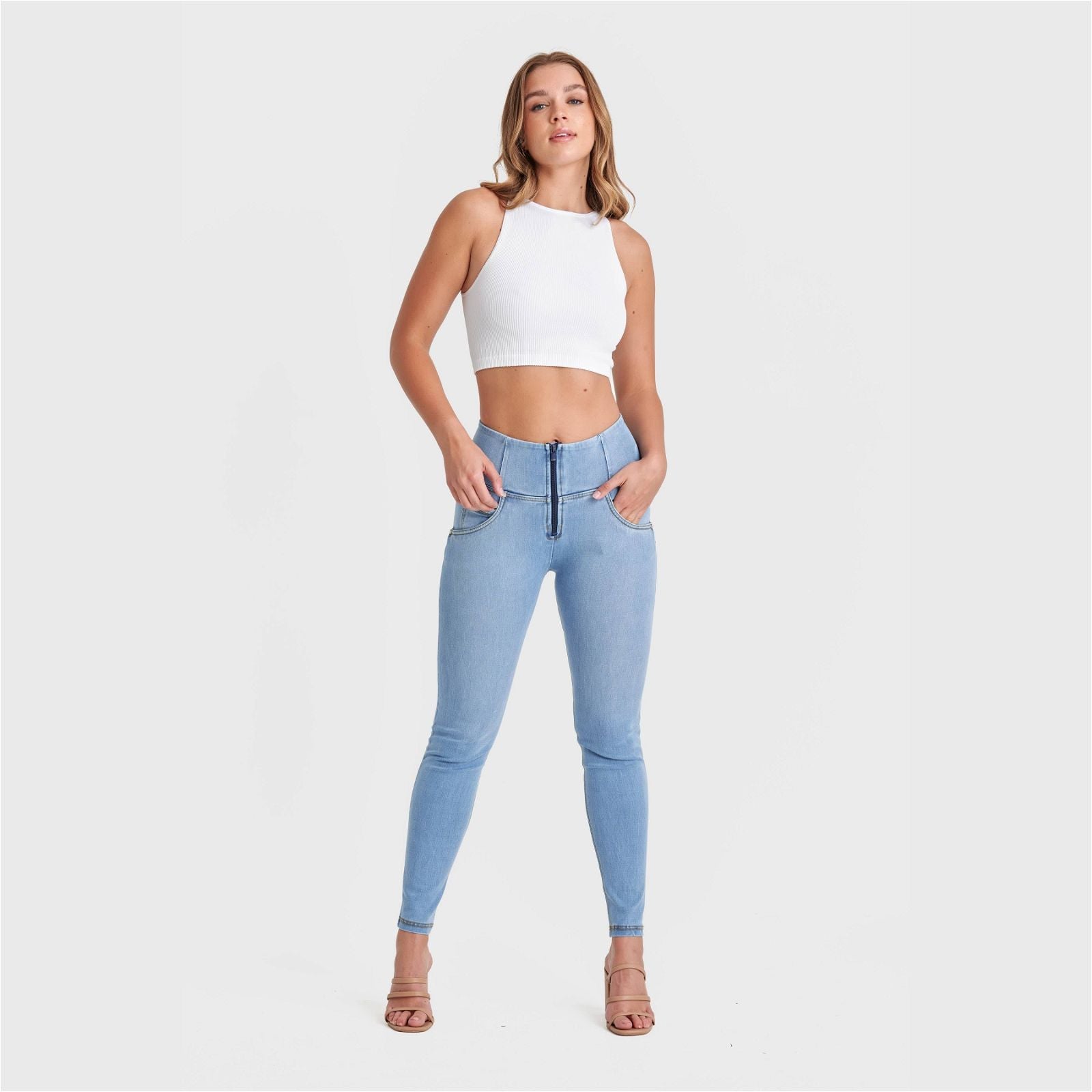WR.UP® SNUG Jeans - High Waisted - Full Length - Light Blue + Yellow Stitching 2