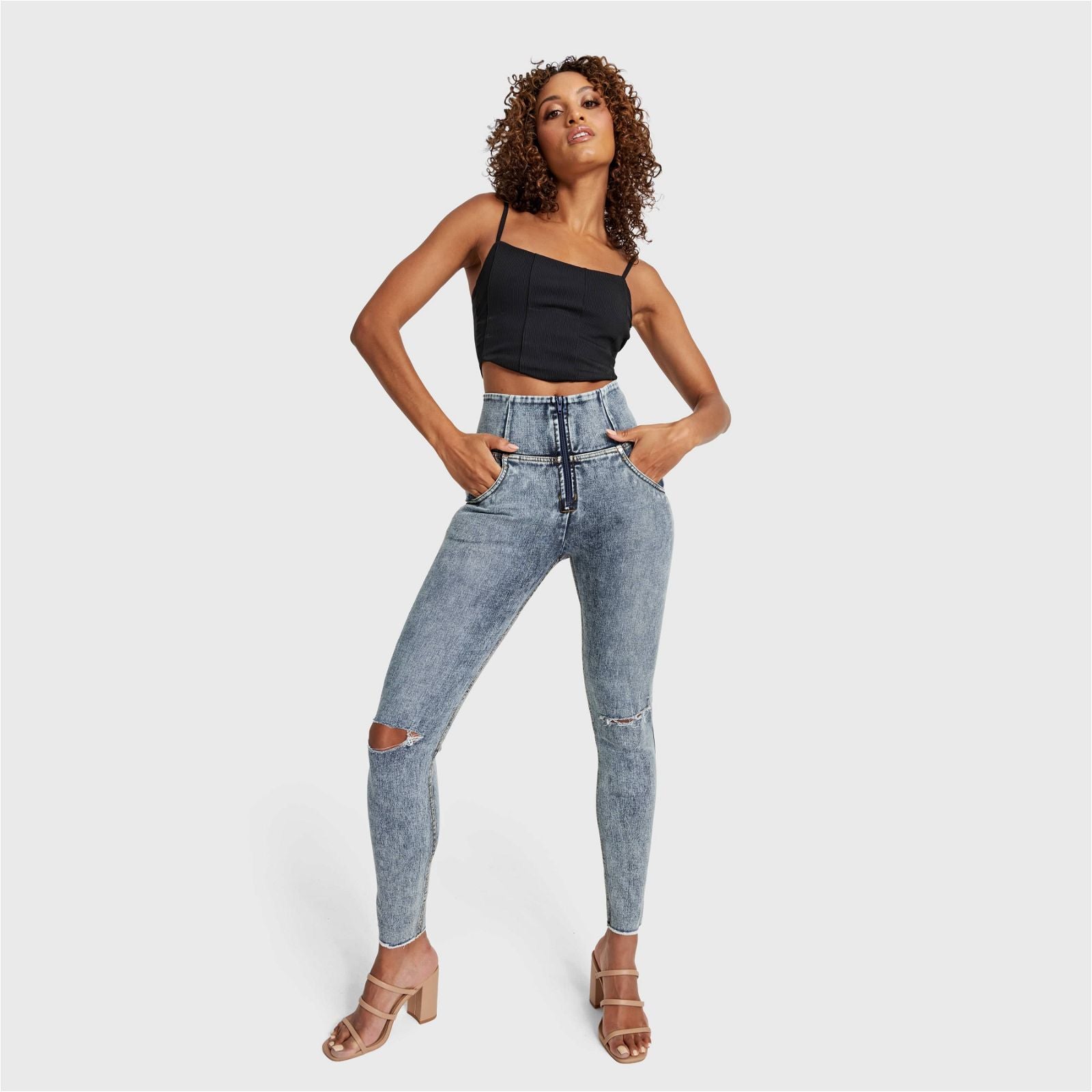 WR.UP® SNUG Ripped Jeans - High Waisted - Full Length - Blue Stonewash + Yellow Stitching 1