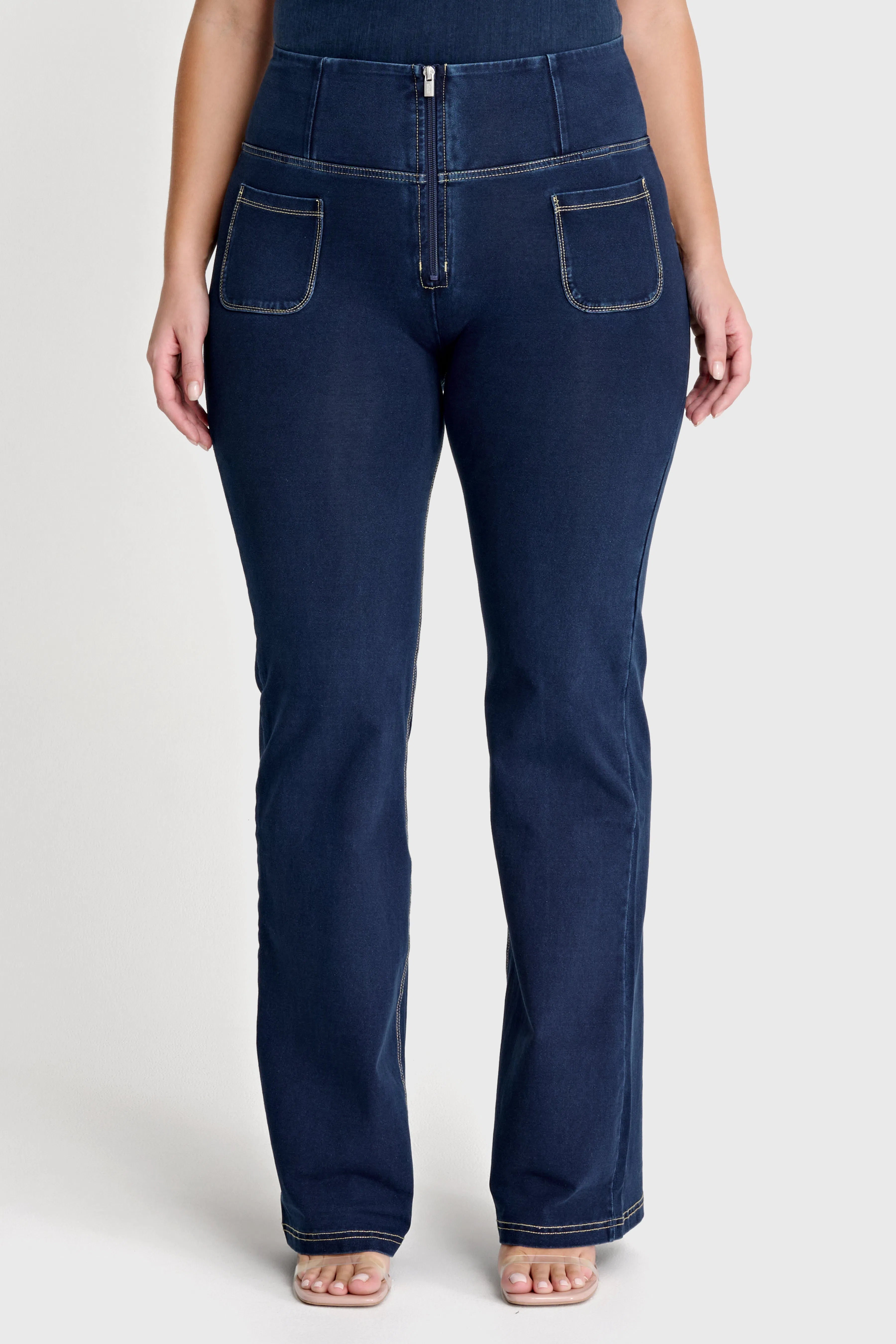 WRUP Denim with Front Pockets - Super High Waisted - Flare - Dark Blue + Beige Stitching 3