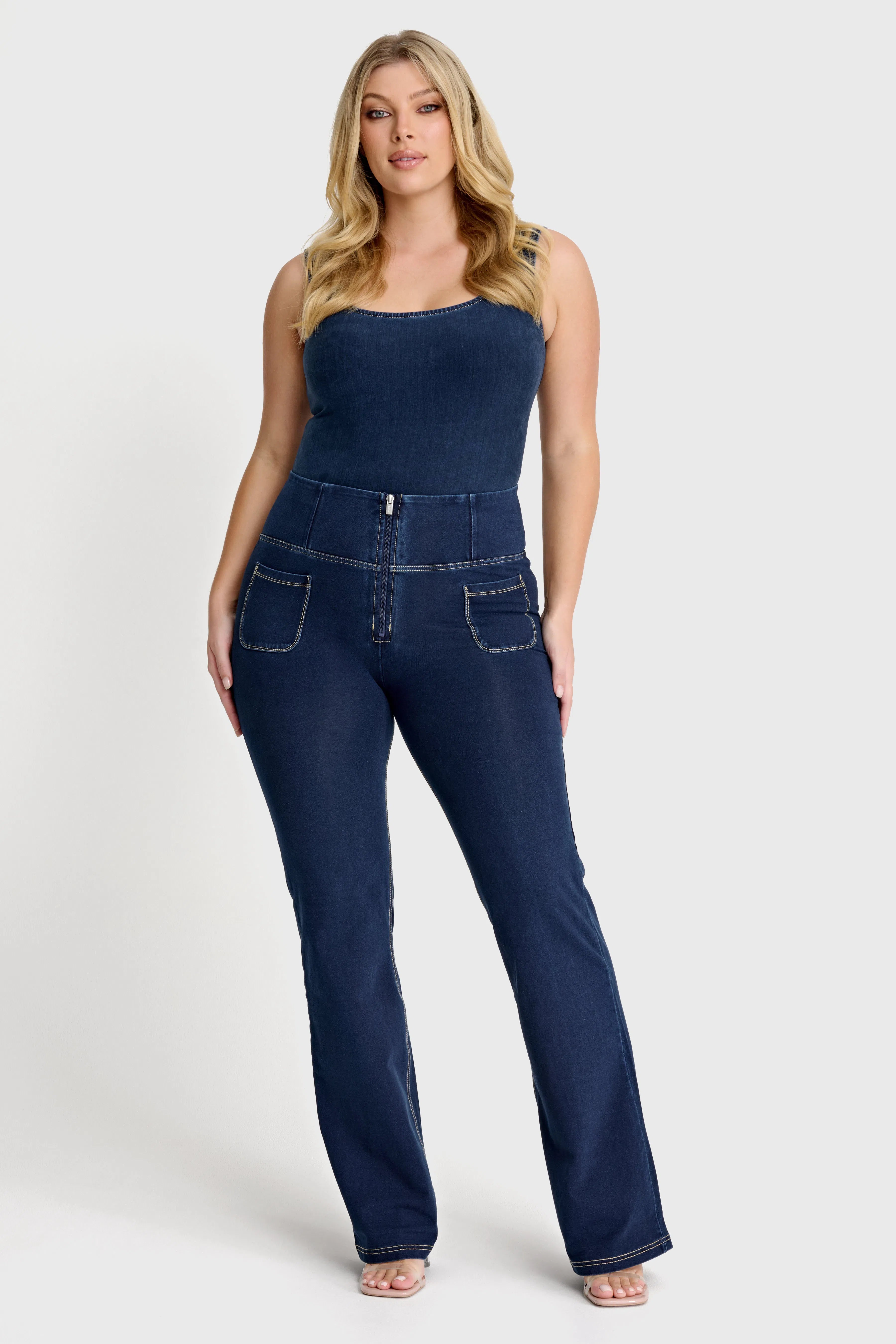 WRUP Denim with Front Pockets - Super High Waisted - Flare - Dark Blue + Beige Stitching 1