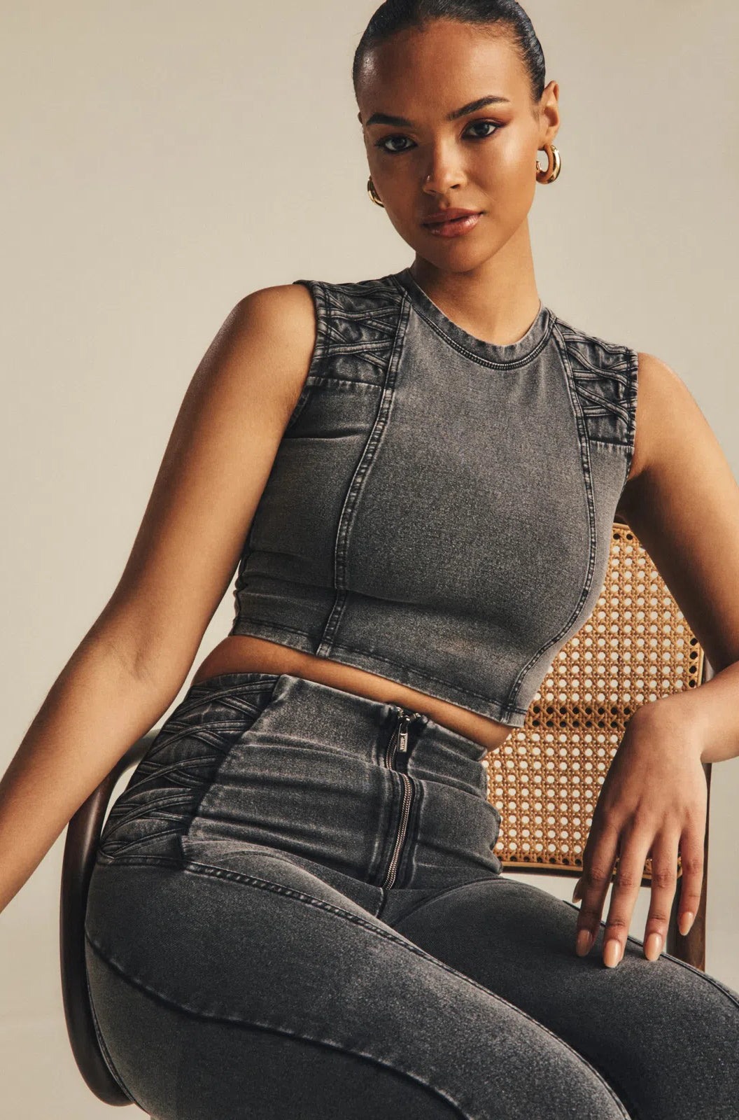 Cropped Tank Criss Cross Detail - Dark Grey Denim