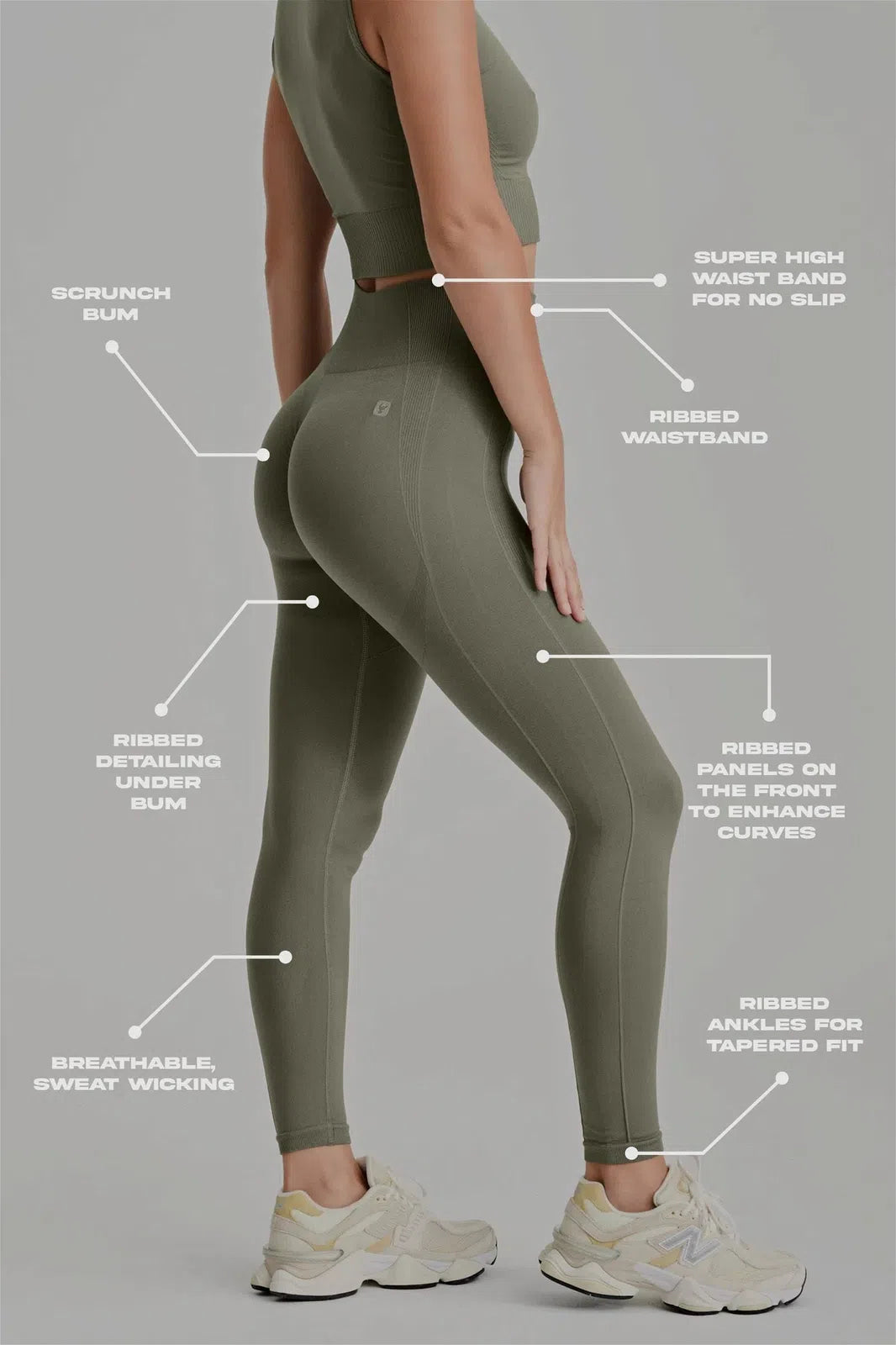 Seamless Active Leggings - High Waisted - 7/8 Length - Military Green 2