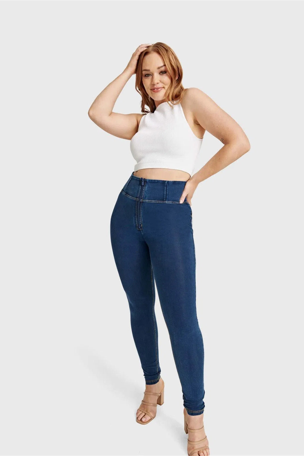 WR.UP® Curvy Denim - Zip High Waisted - Full Length - Dark Blue + Yellow Stitching 2