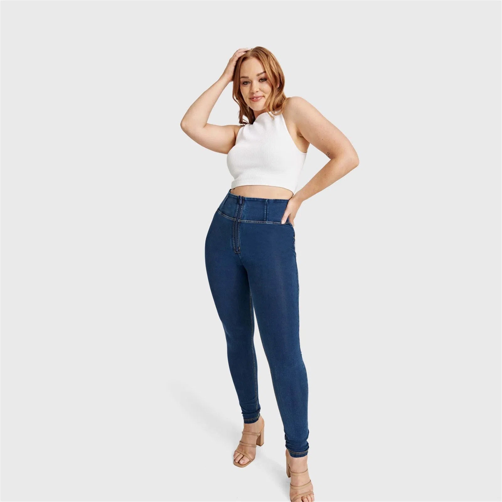 WR.UP® Curvy Denim - Zip High Waisted - Full Length - Dark Blue + Yellow Stitching 2