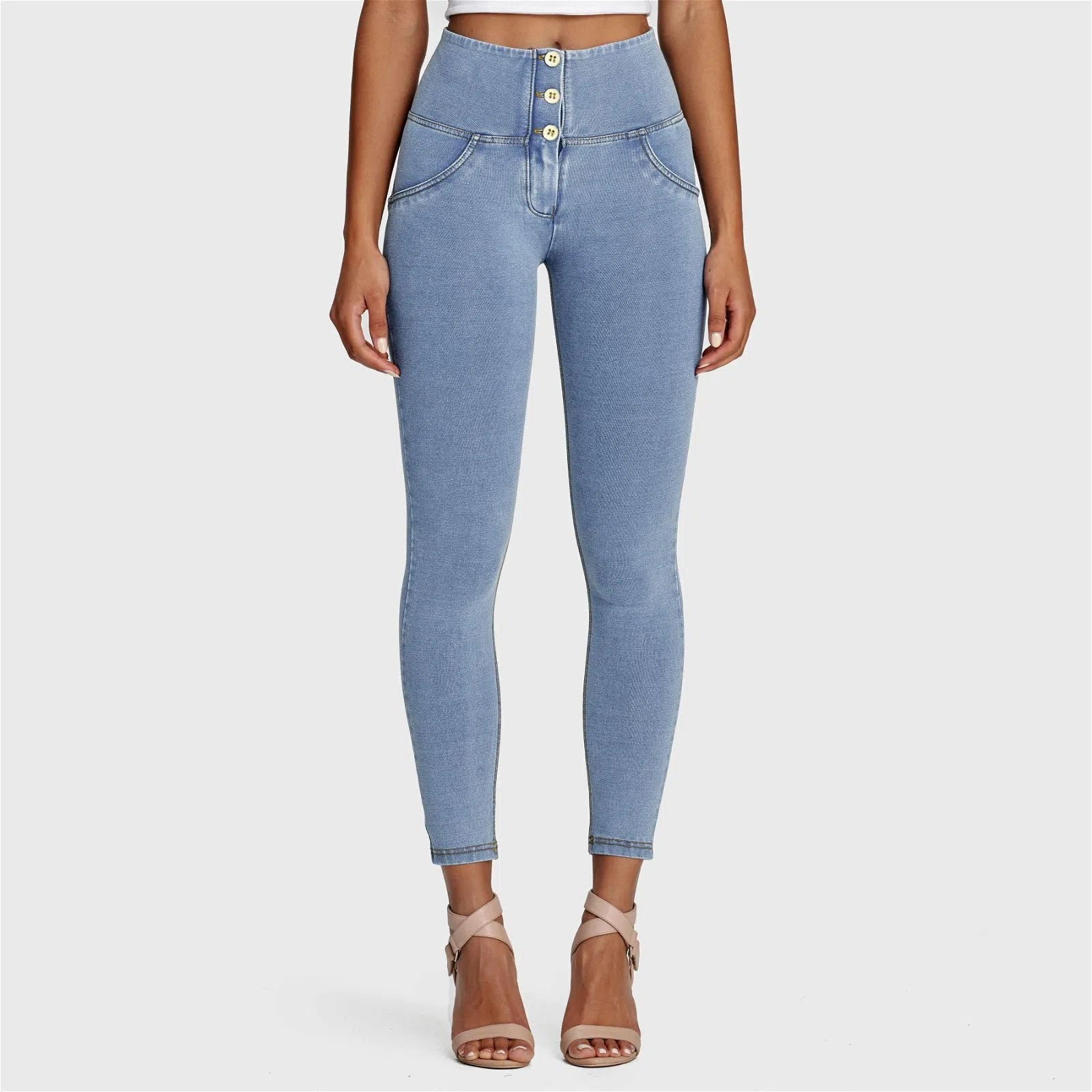 WR.UP® Denim - 3 Button High Waisted - 7/8 Length - Light Blue + Yellow Stitching 3