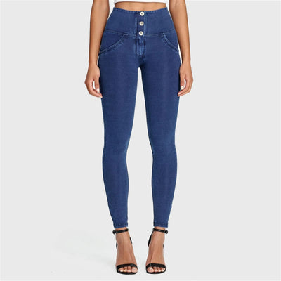 WR.UP® Denim - 3 Button High Waisted - Full Length - Dark Blue + Blue Stitching