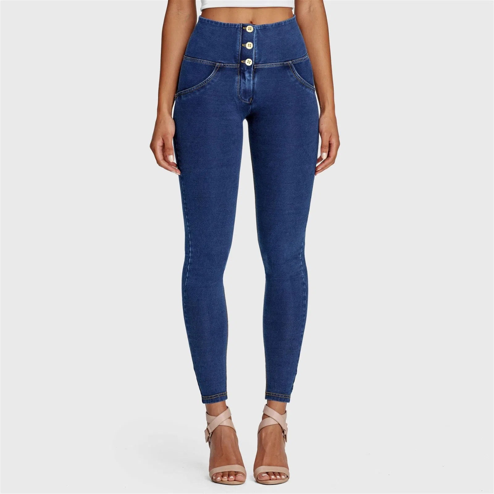 WR.UP® Denim - 3 Button High Waisted - Full Length - Dark Blue + Yellow Stitching 1