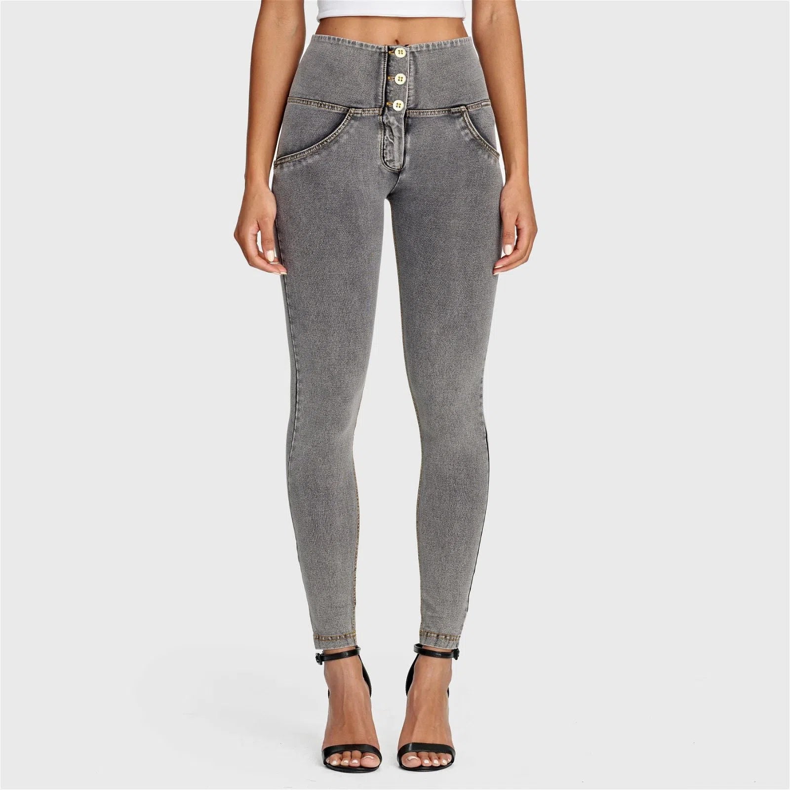 WR.UP® Denim - 3 Button High Waisted - Full Length - Grey + Yellow Stitching 2