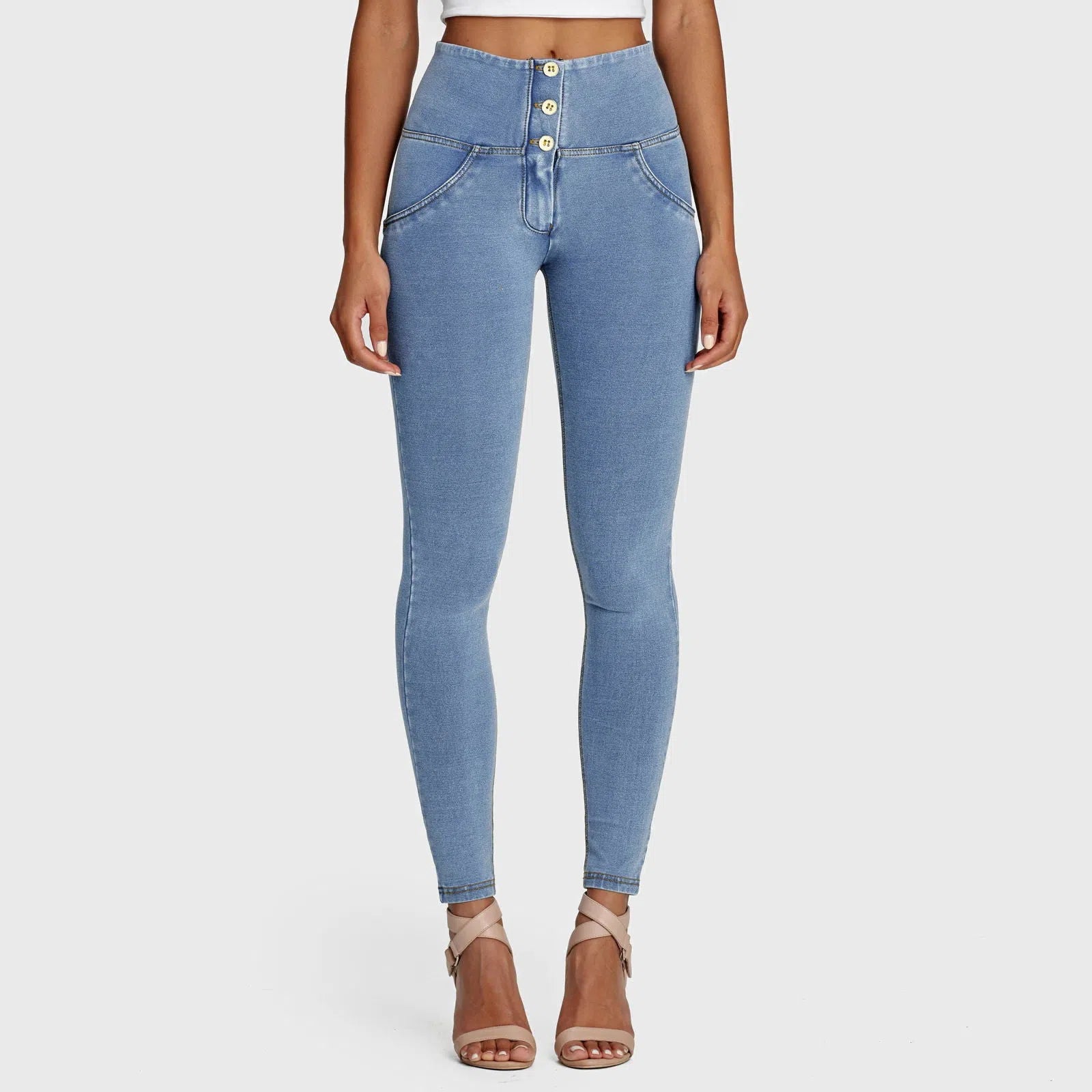 WR.UP® Denim - 3 Button High Waisted - Full Length - Light Blue + Yellow Stitching 2