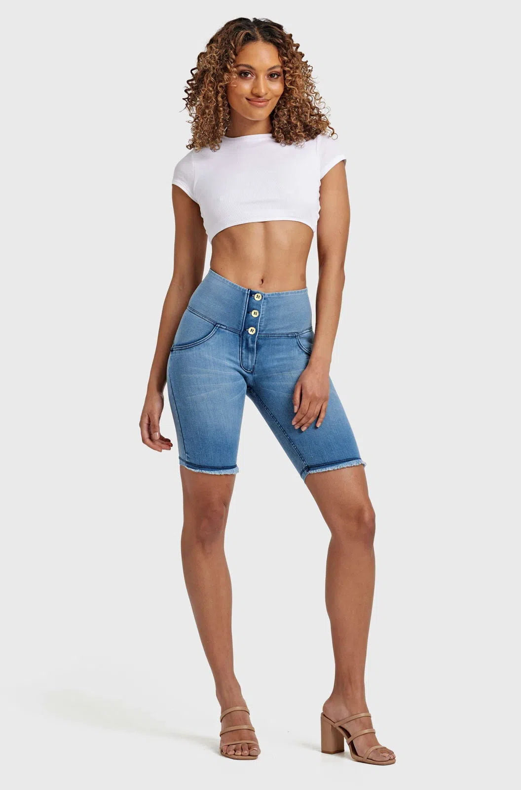 WR.UP® Denim - High Waisted - 3 Button Biker Shorts - Light Blue + Blue Stitching