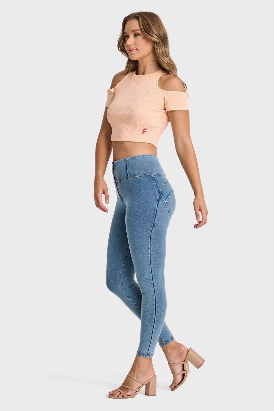 WR.UP® Denim - High Waisted - 7/8 Length - Light Blue + Yellow Stitching 3