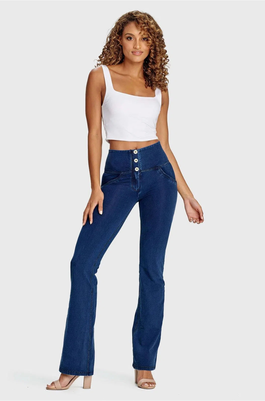 WR.UP® Denim - High Waisted - Bell Bottom Flare - Dark Blue + Blue Stitching