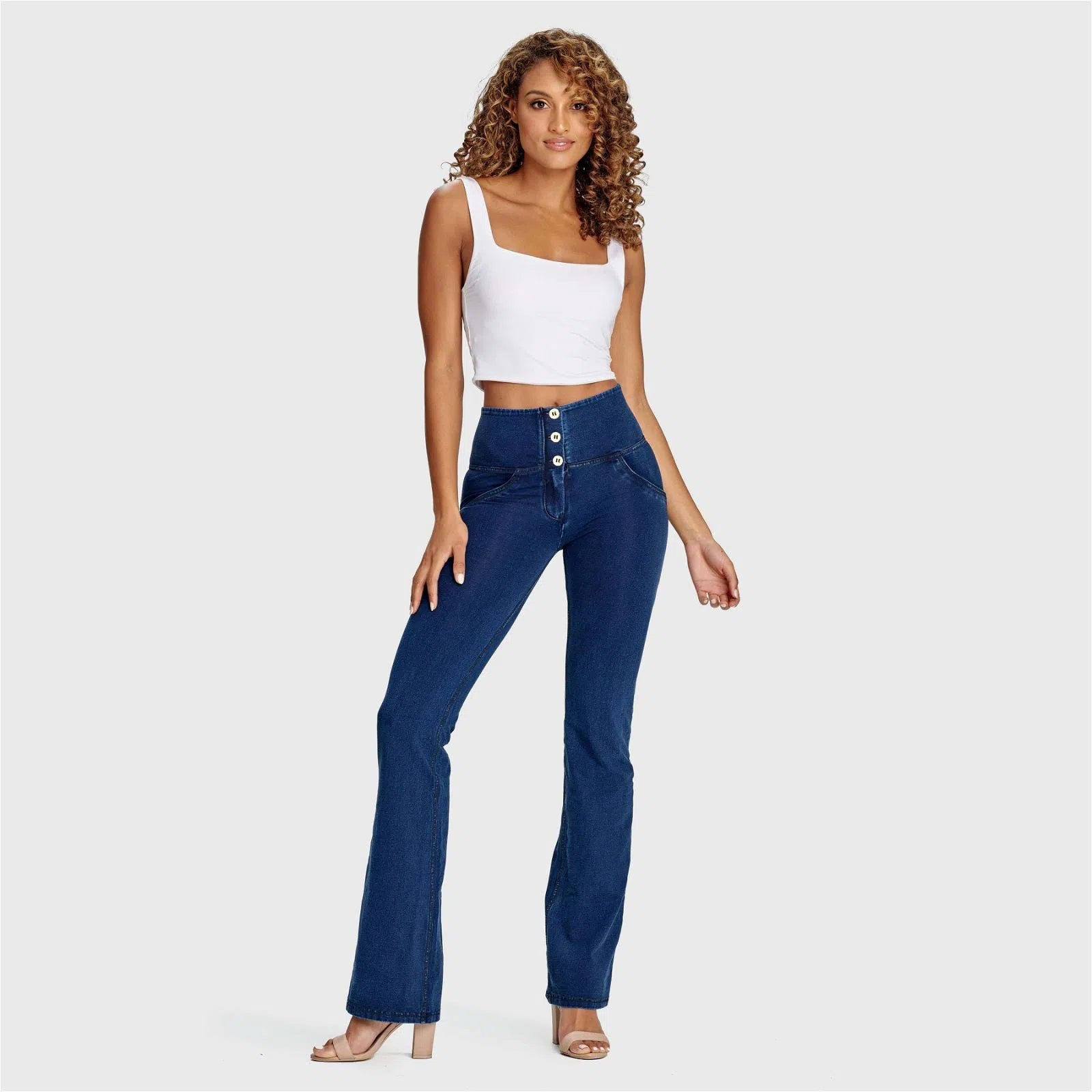 WR.UP® Denim - High Waisted - Bell Bottom Flare - Dark Blue + Blue Stitching 1