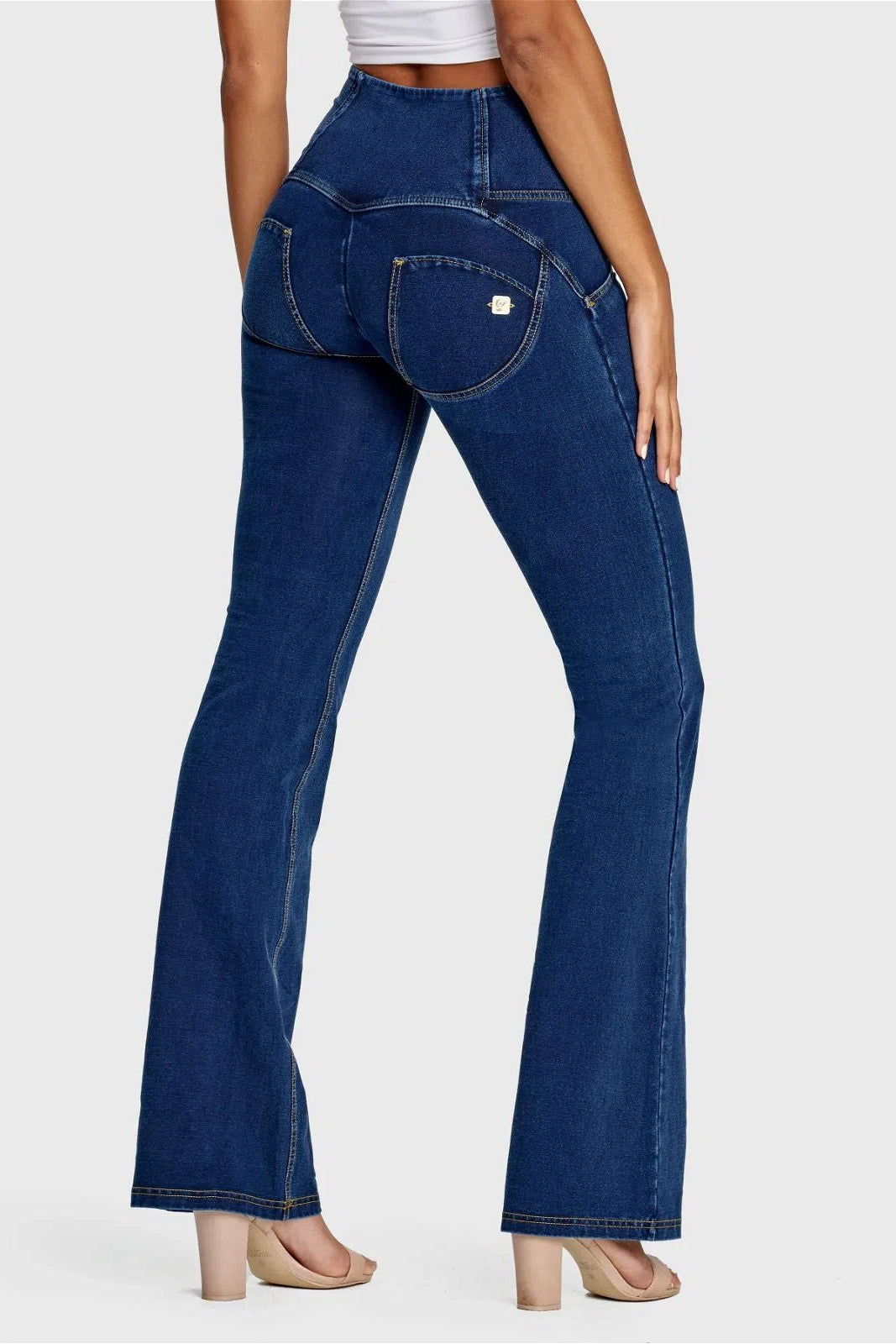 WR.UP® Denim - High Waisted - Bell Bottom Flare - Dark Blue + Yellow Stitching 1