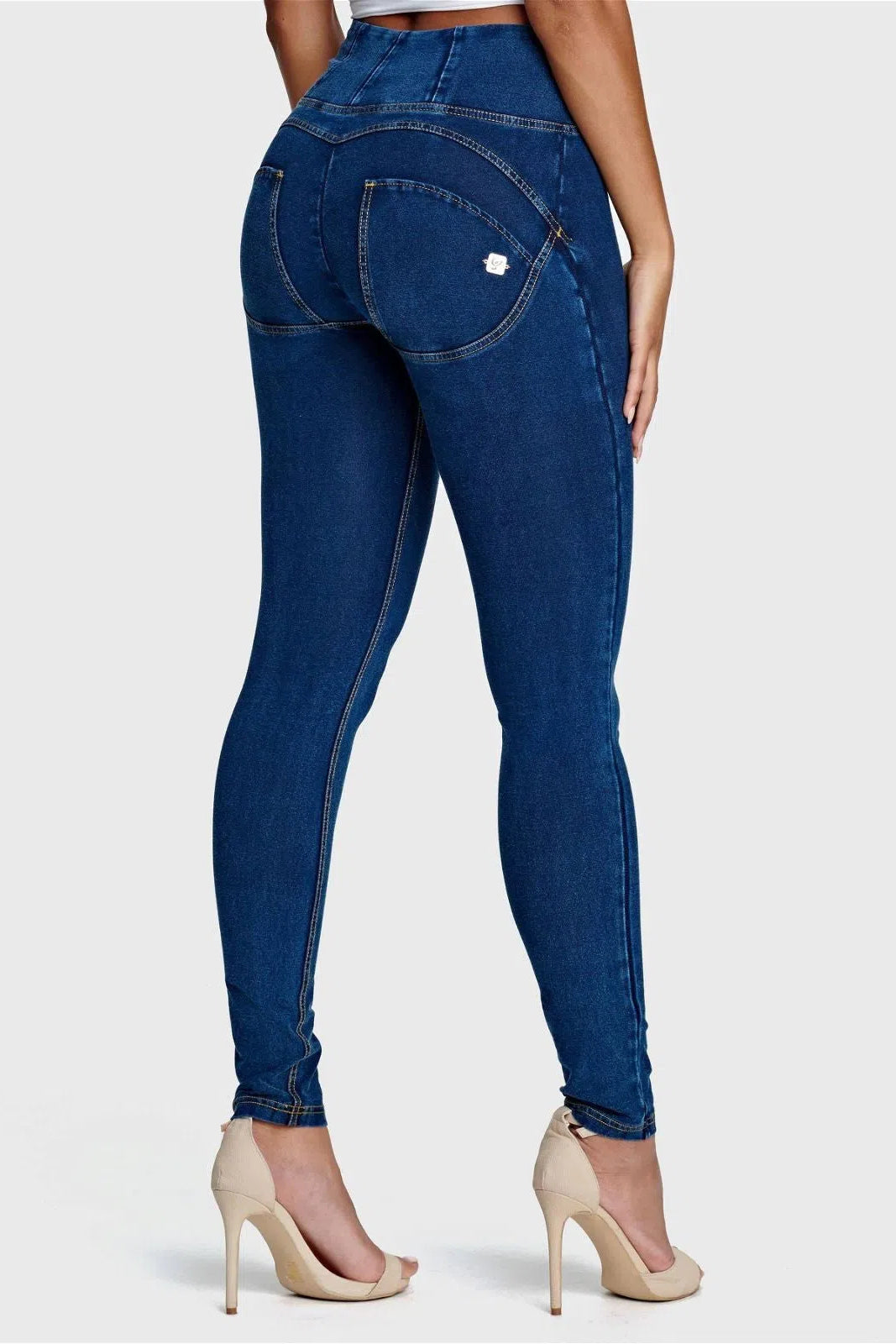 WR.UP® Denim - High Waisted - Full Length - Dark Blue + Yellow Stitching 2