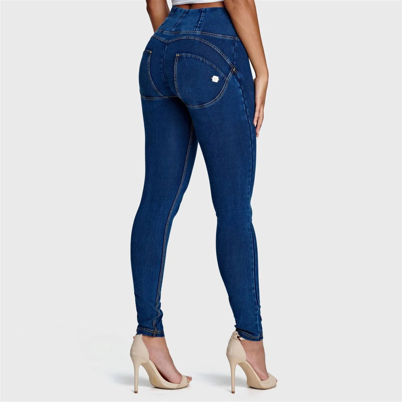 WR.UP® Denim - High Waisted - Full Length - Dark Blue + Yellow Stitching 2