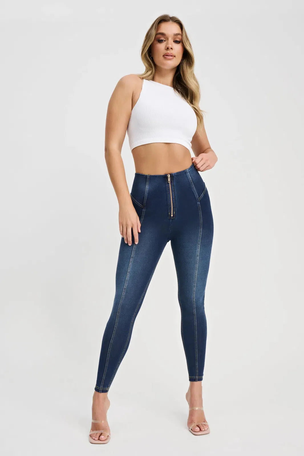 WR.UP® Denim with Feature Seam - High Waisted - 7/8 Length - Dark Blue + Beige Stitching 3