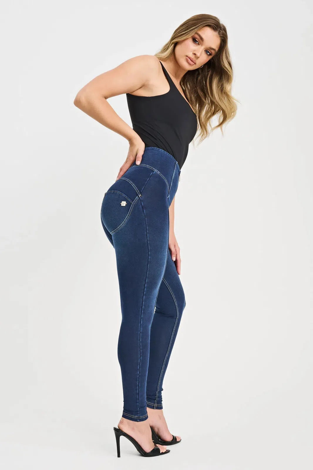 WR.UP® Denim with Feature Seam - High Waisted - Full Length - Dark Blue + Beige Stitching 2