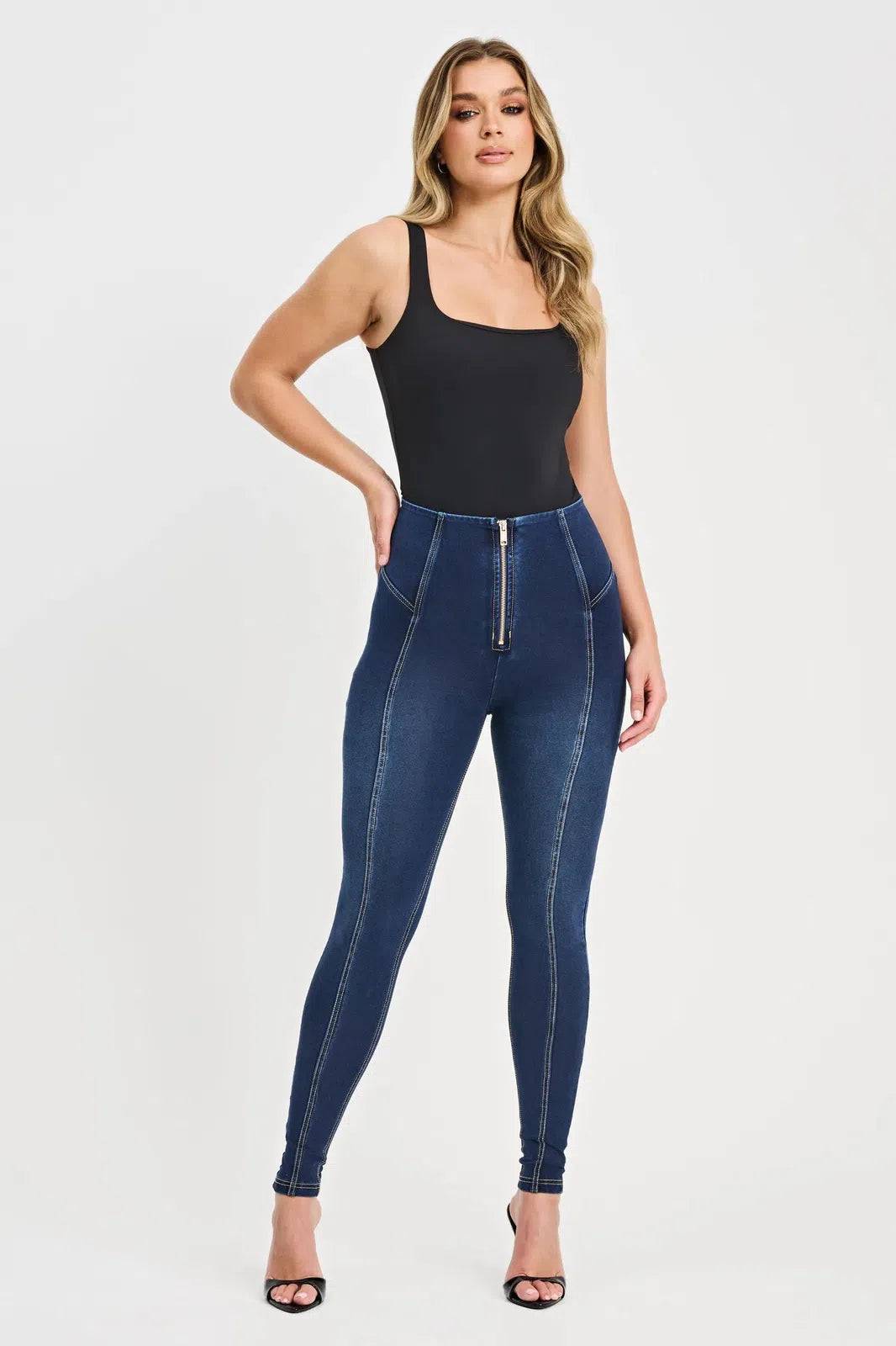 WR.UP® Denim with Feature Seam - High Waisted - Full Length - Dark Blue + Beige Stitching 1