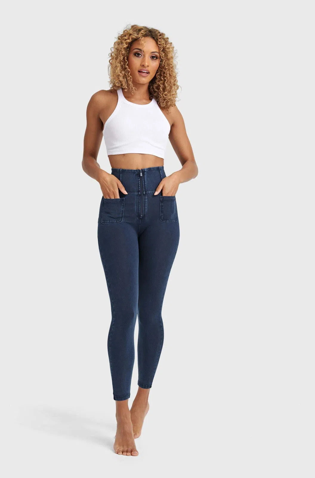 WR.UP® Denim With Front Pockets - Super High Waisted - 7/8 Length - Dark Blue + Blue Stitching