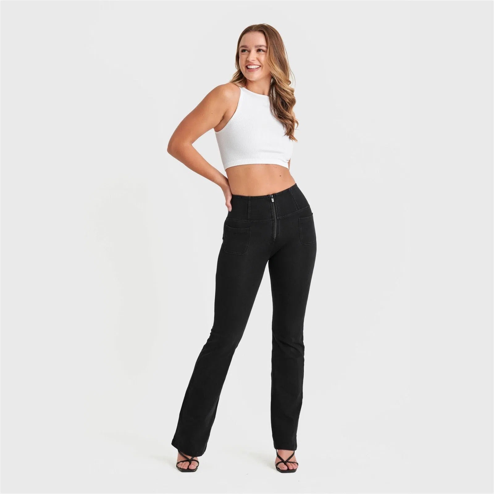 WR.UP® Denim with Front Pockets - Super High Waisted - Flare - Black + Black Stitching 3