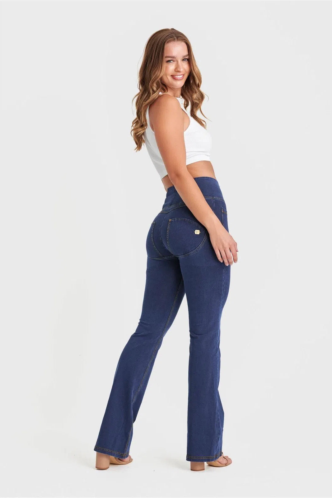 WR.UP® Denim with Front Pockets - Super High Waisted - Flare - Dark Blue + Yellow Stitching 2