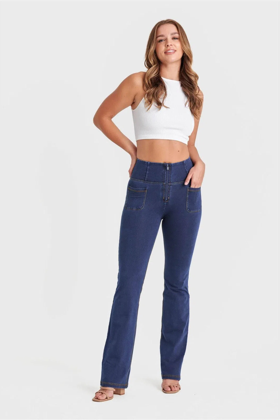 WR.UP® Denim with Front Pockets - Super High Waisted - Flare - Dark Blue + Yellow Stitching 3