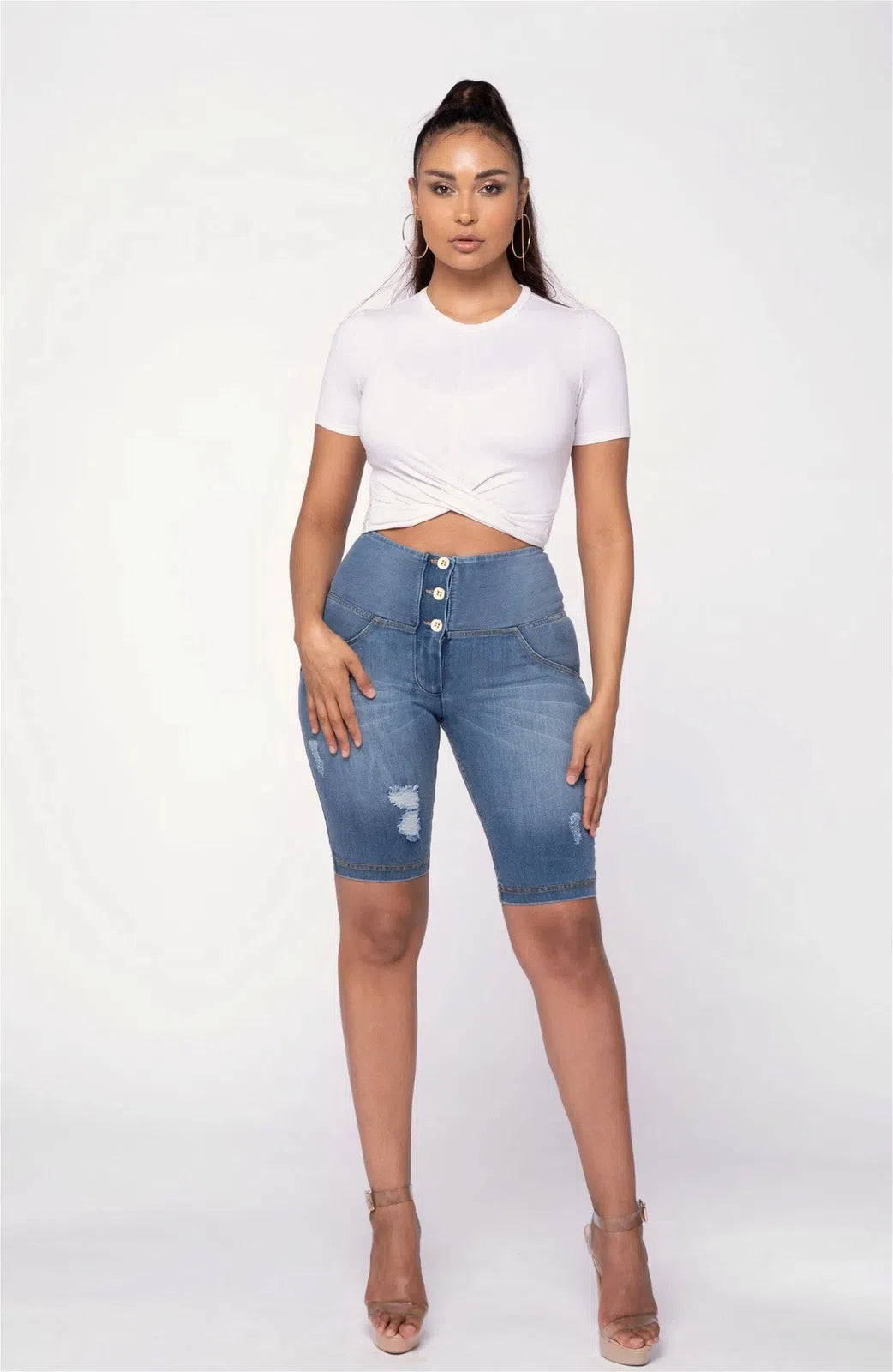 WR.UP® Distressed Denim - High Waisted - Biker Shorts - Light Blue + Yellow Stitching 1