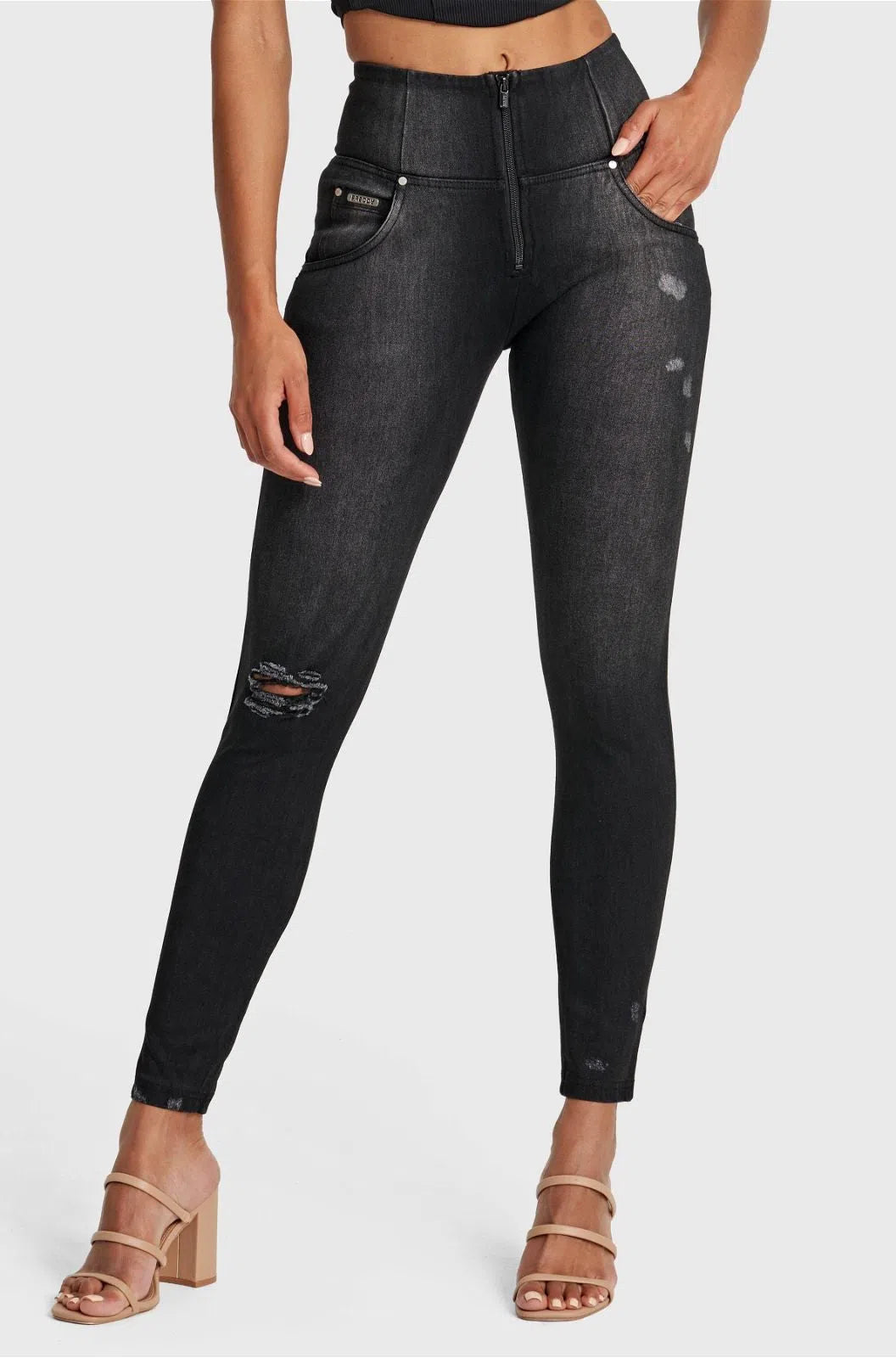 WR.UP® SNUG Distressed Jeans - High Waisted - Full Length - Black + Black Stitching