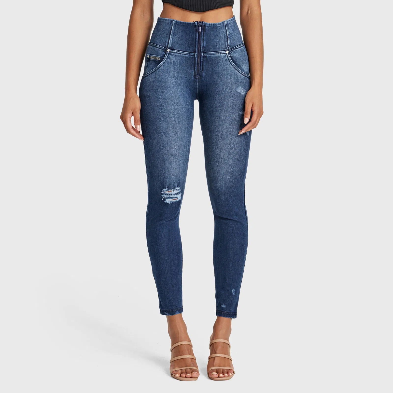 WR.UP® SNUG Distressed Jeans - High Waisted - Full Length - Dark Blue + Blue Stitching 1