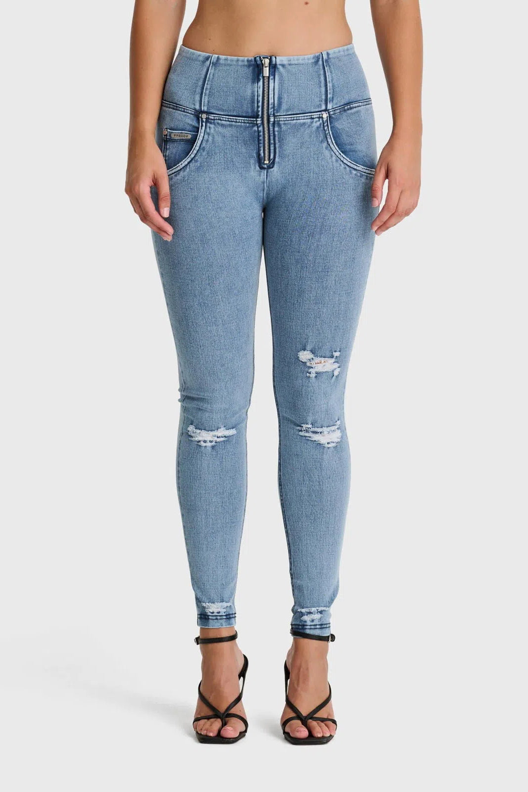 WR.UP® SNUG Distressed Jeans - High Waisted - Full Length - Light Blue + Blue Stitching 2