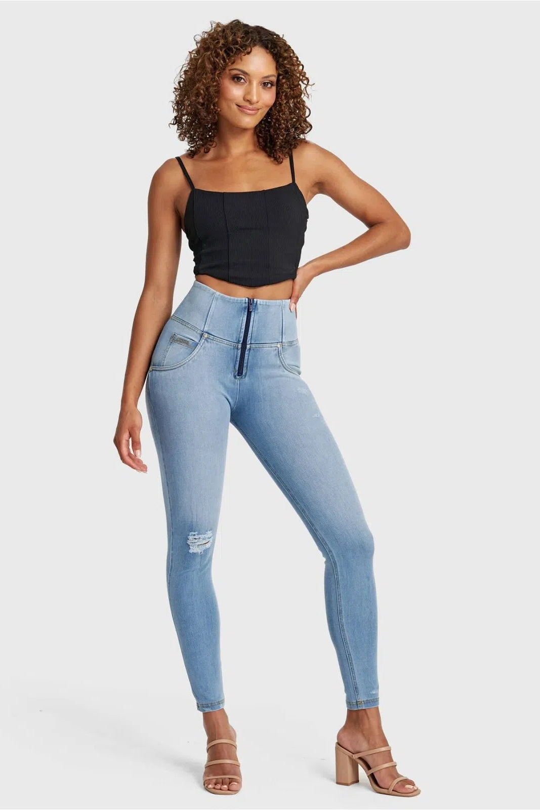 WR.UP® SNUG Distressed Jeans - High Waisted - Full Length - Light Blue + Yellow Stitching 1