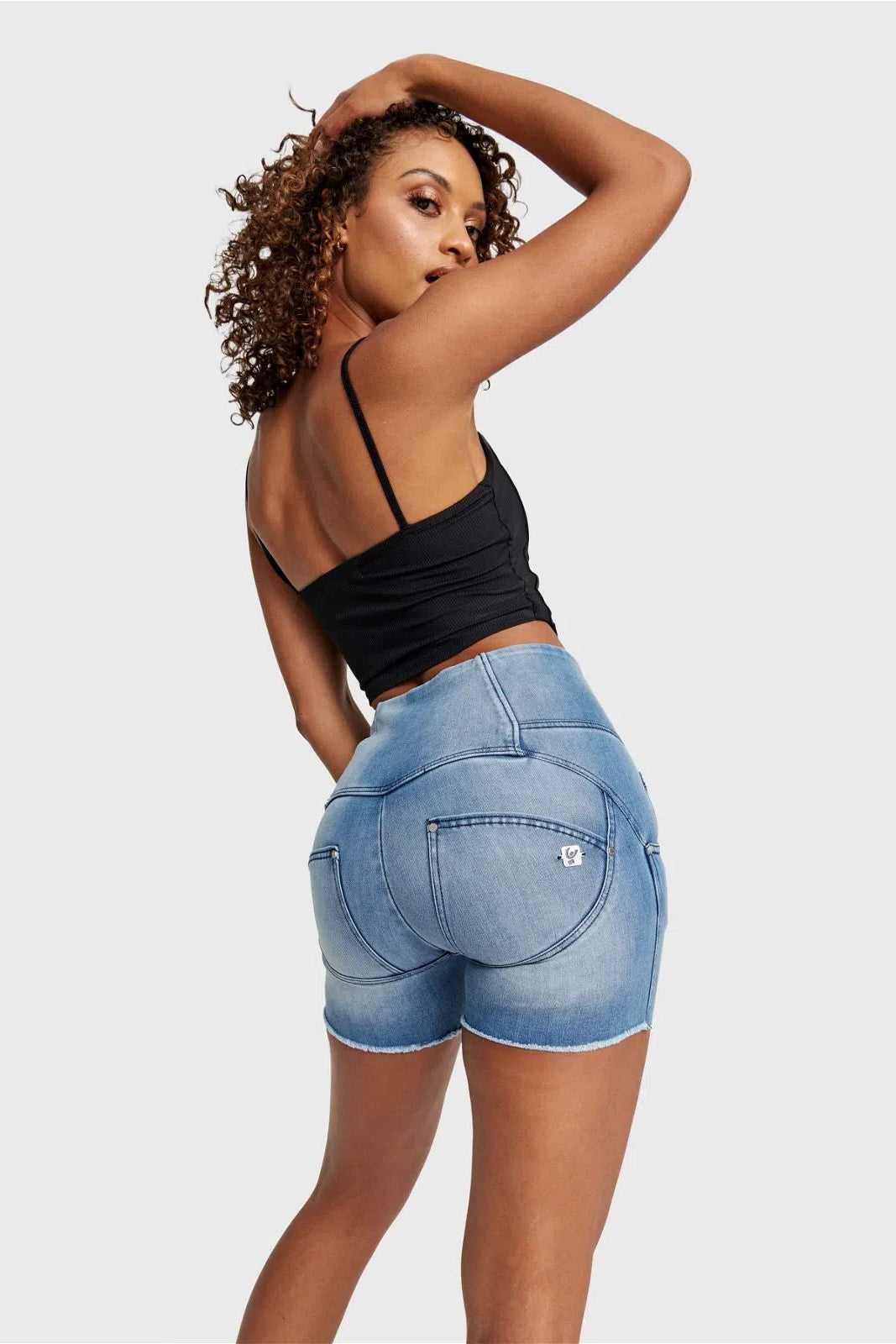 WR.UP® SNUG Jeans - 3 Button High Waisted - Shorts - Light Blue + Blue Stitching 2