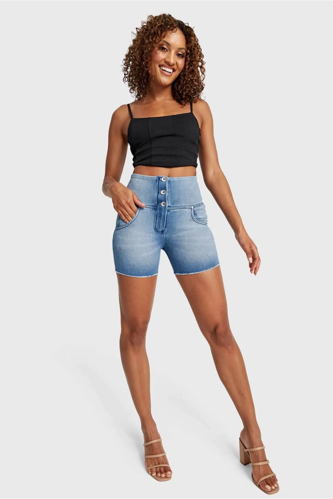 WR.UP® SNUG Jeans - 3 Button High Waisted - Shorts - Light Blue + Blue Stitching 3