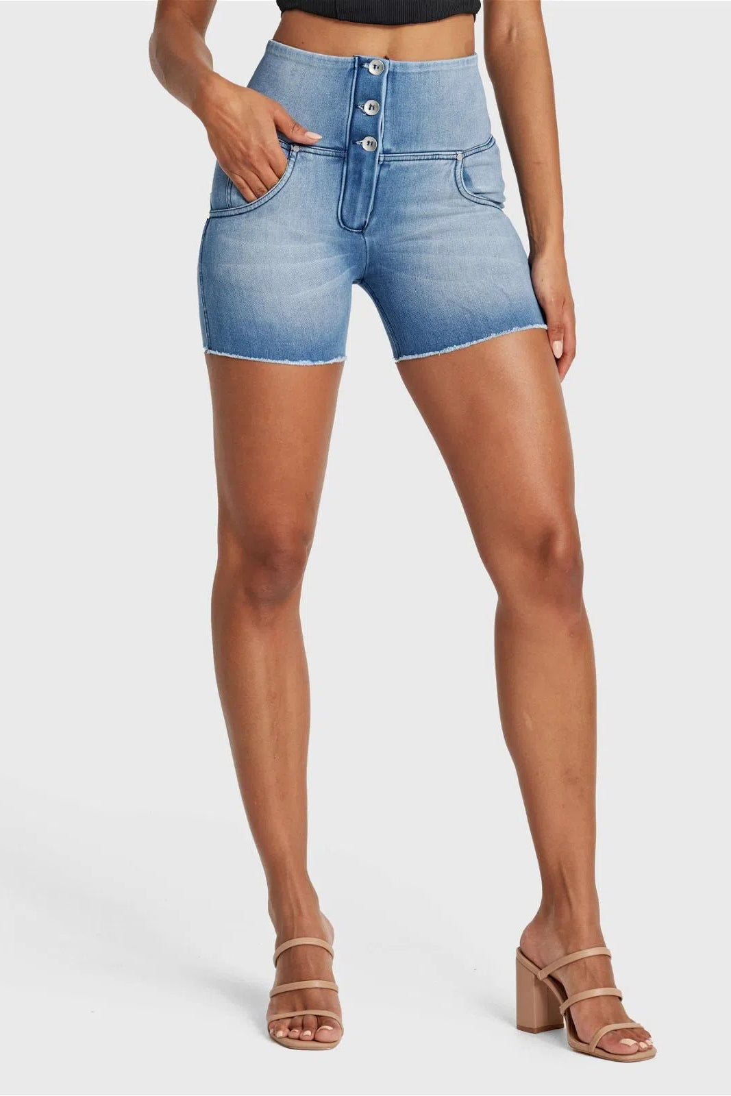 WR.UP® SNUG Jeans - 3 Button High Waisted - Shorts - Light Blue + Blue Stitching 1