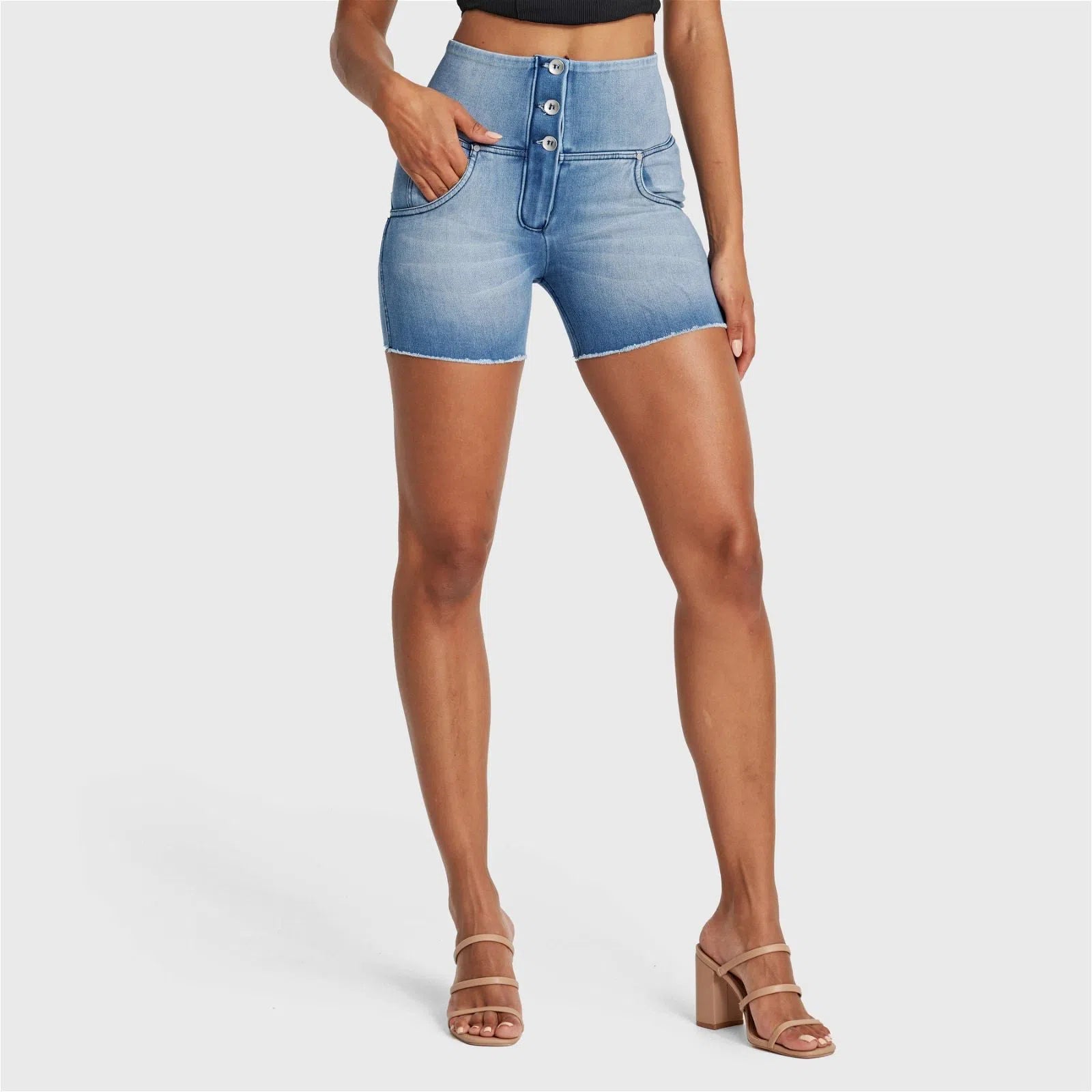 WR.UP® SNUG Jeans - 3 Button High Waisted - Shorts - Light Blue + Blue Stitching 1