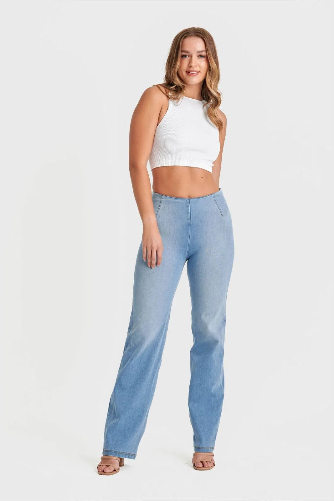 WR.UP® SNUG Jeans - High Waisted - Flare - Light Blue + Yellow Stitching 1