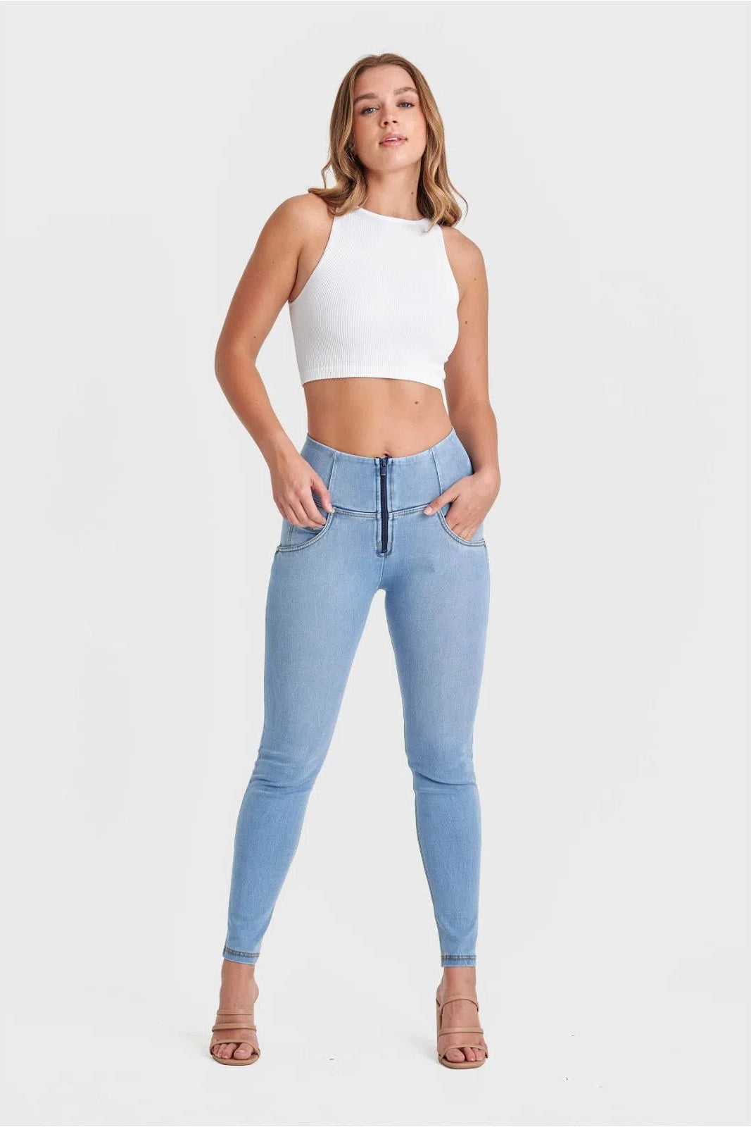 WR.UP® SNUG Jeans - High Waisted - Full Length - Light Blue + Yellow Stitching 2