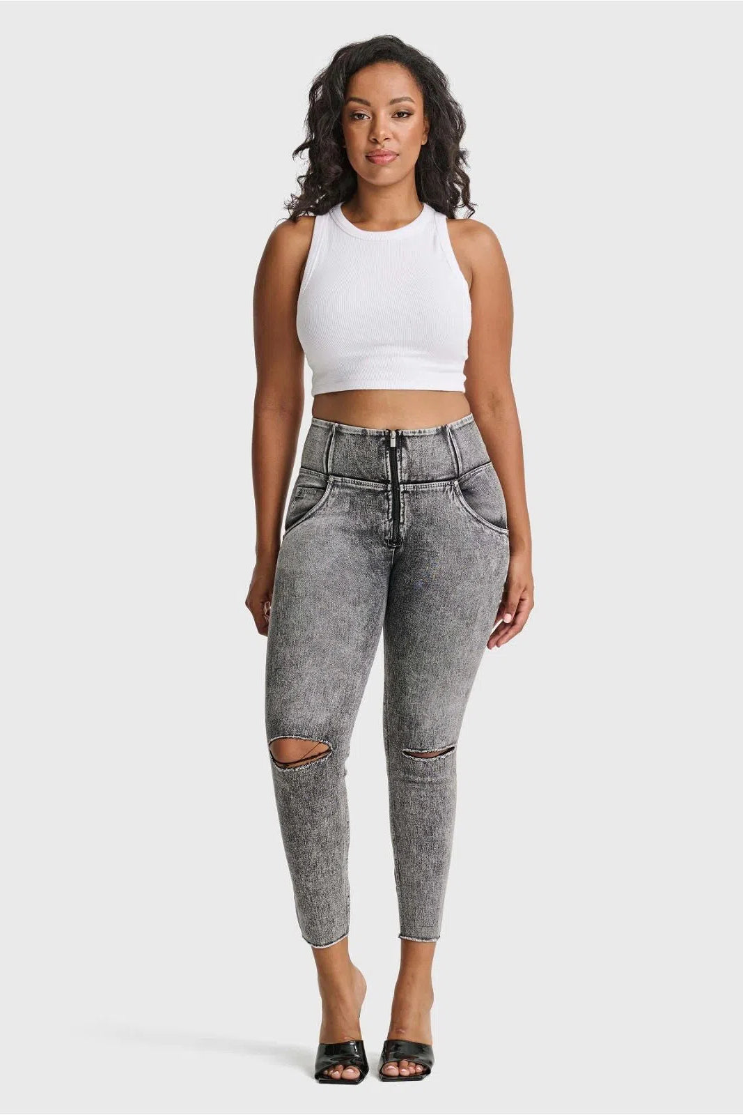 WR.UP® SNUG Ripped Jeans - High Waisted - 7/8 Length - Grey Stonewash + Grey Stitching 1