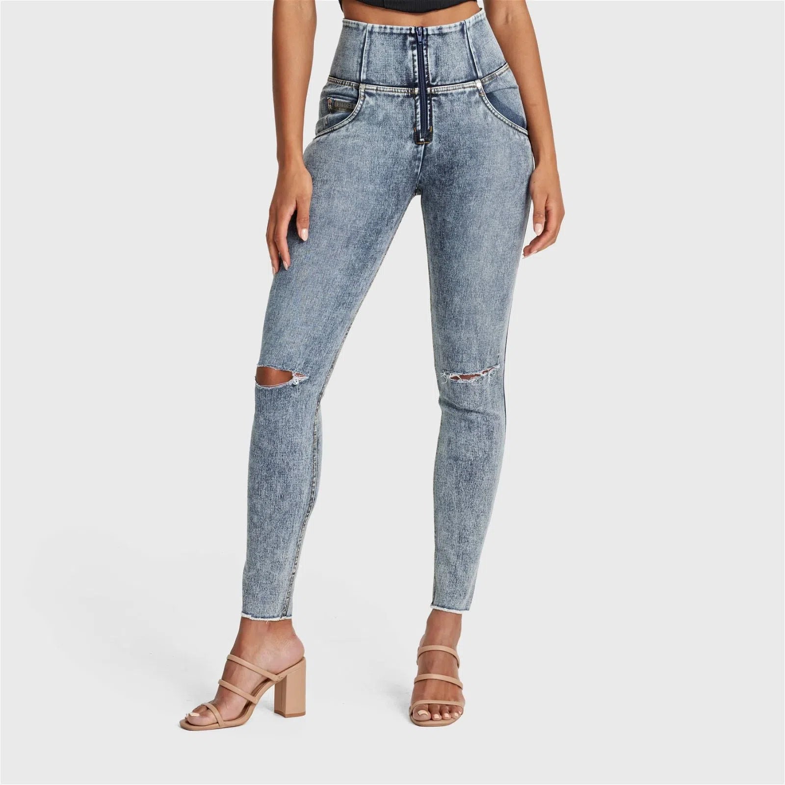 WR.UP® SNUG Ripped Jeans - High Waisted - Full Length - Blue Stonewash + Yellow Stitching 2