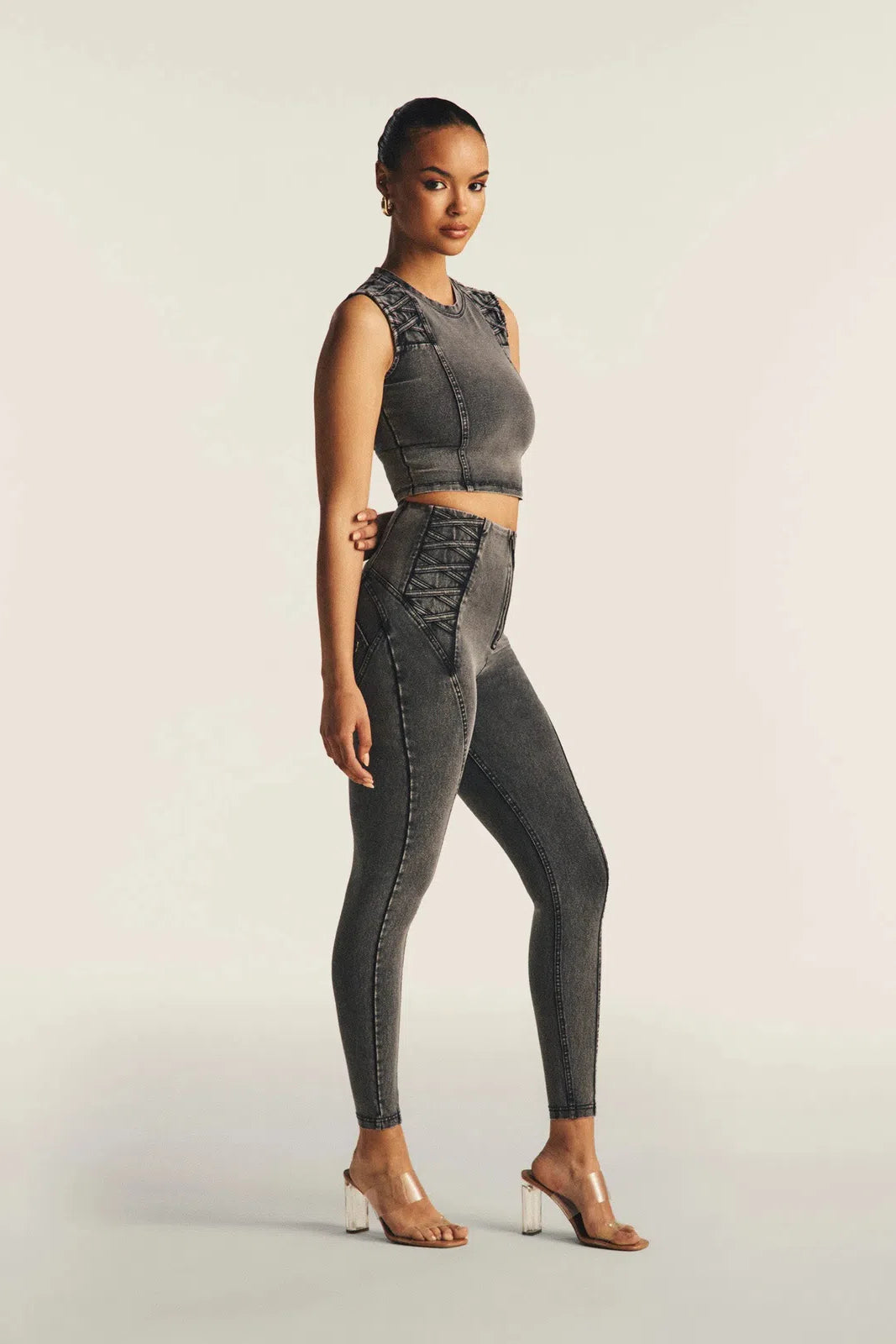 WRUP Denim Criss Cross Detail - High Waisted - 7/8 Length - Dark Grey Denim + Black Stitching 2