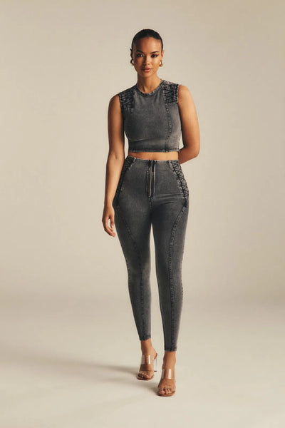 WRUP Denim Criss Cross Detail - High Waisted - 7/8 Length - Dark Grey Denim + Black Stitching