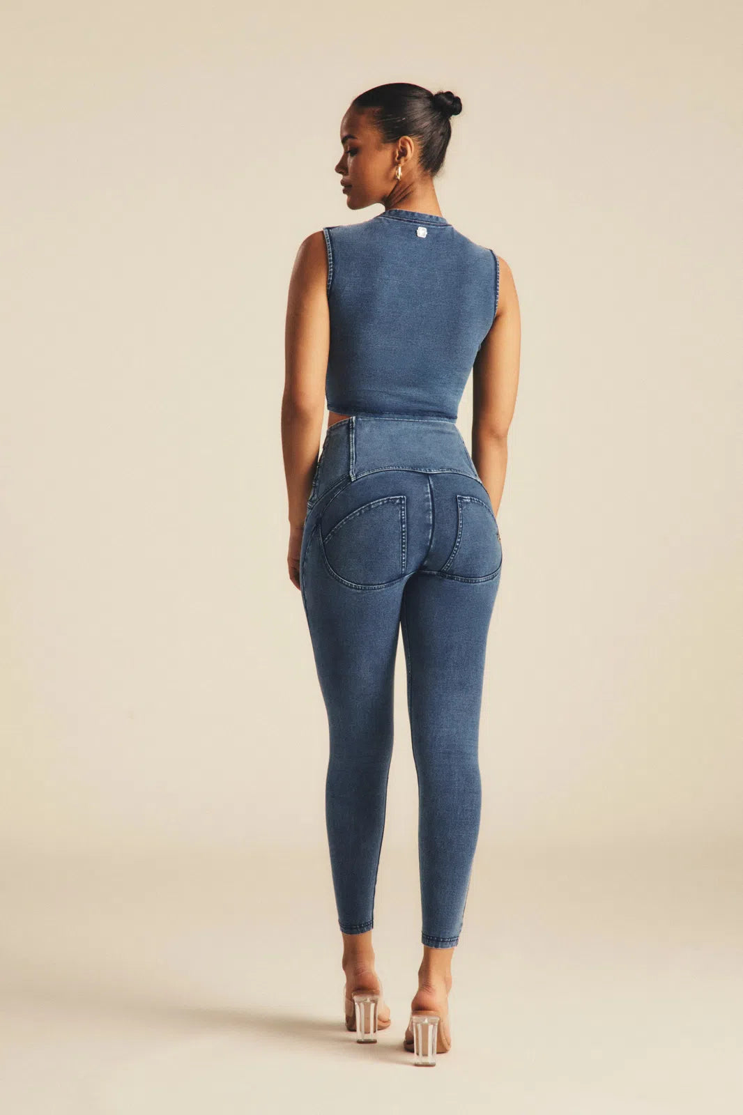 WRUP Denim Criss Cross Detail - High Waisted - 7/8 Length - Indigo Denim + Blue Stitching 2